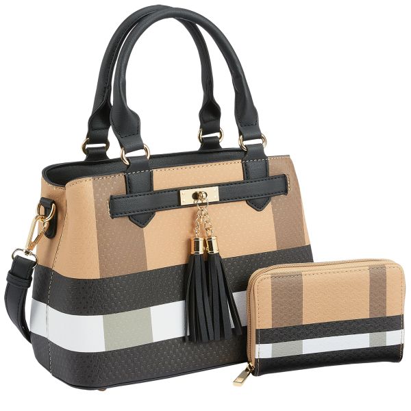 Catalog reference of matching brown black and cream plaid two-piece purse and wallet set; actual tagged set shown second. Brand remains unconfirmed.