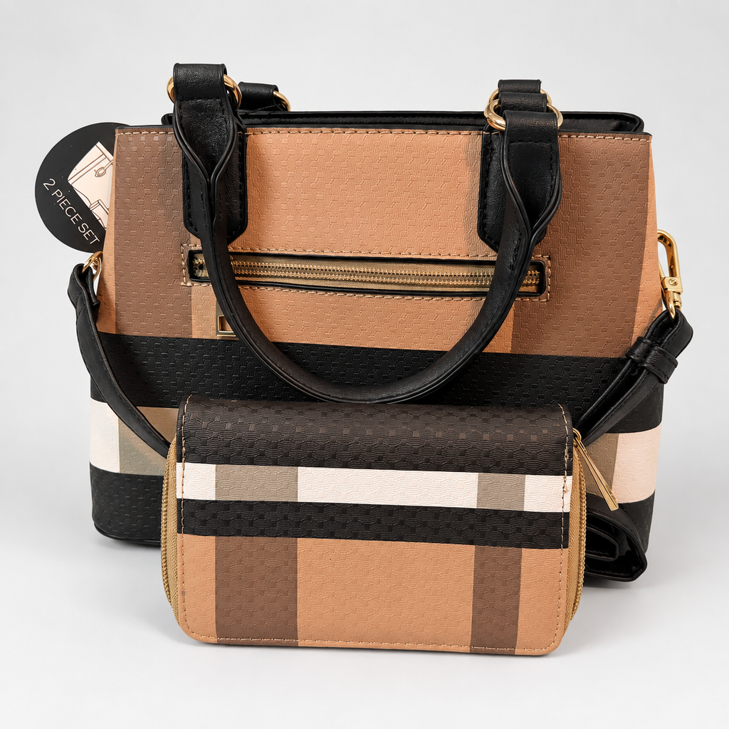 Colorblock Tassel Handbag & Matching Wallet Set - Tan/Black/Cream — edited neutral-background presentation; see original photos for condition