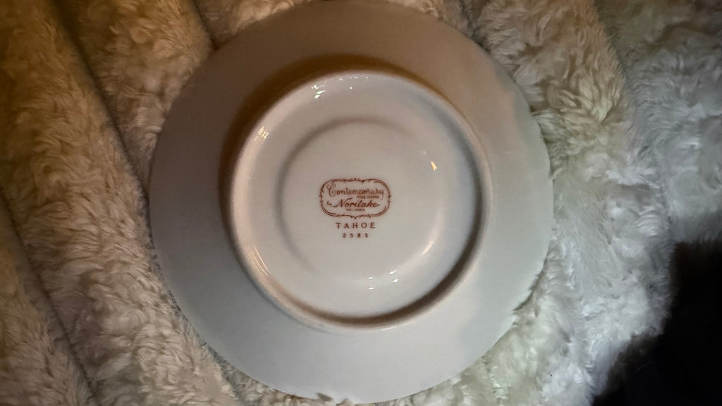 Underside of Noritake Tahoe 2585 saucer showing the maker and pattern stamp
