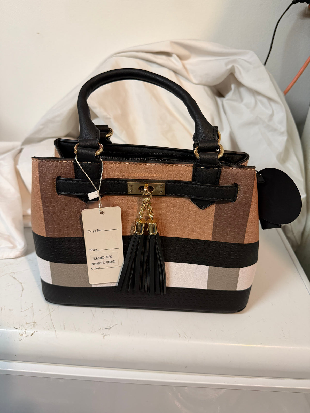 Colorblock Tassel Handbag & Matching Wallet Set - Tan/Black/Cream — original item photograph