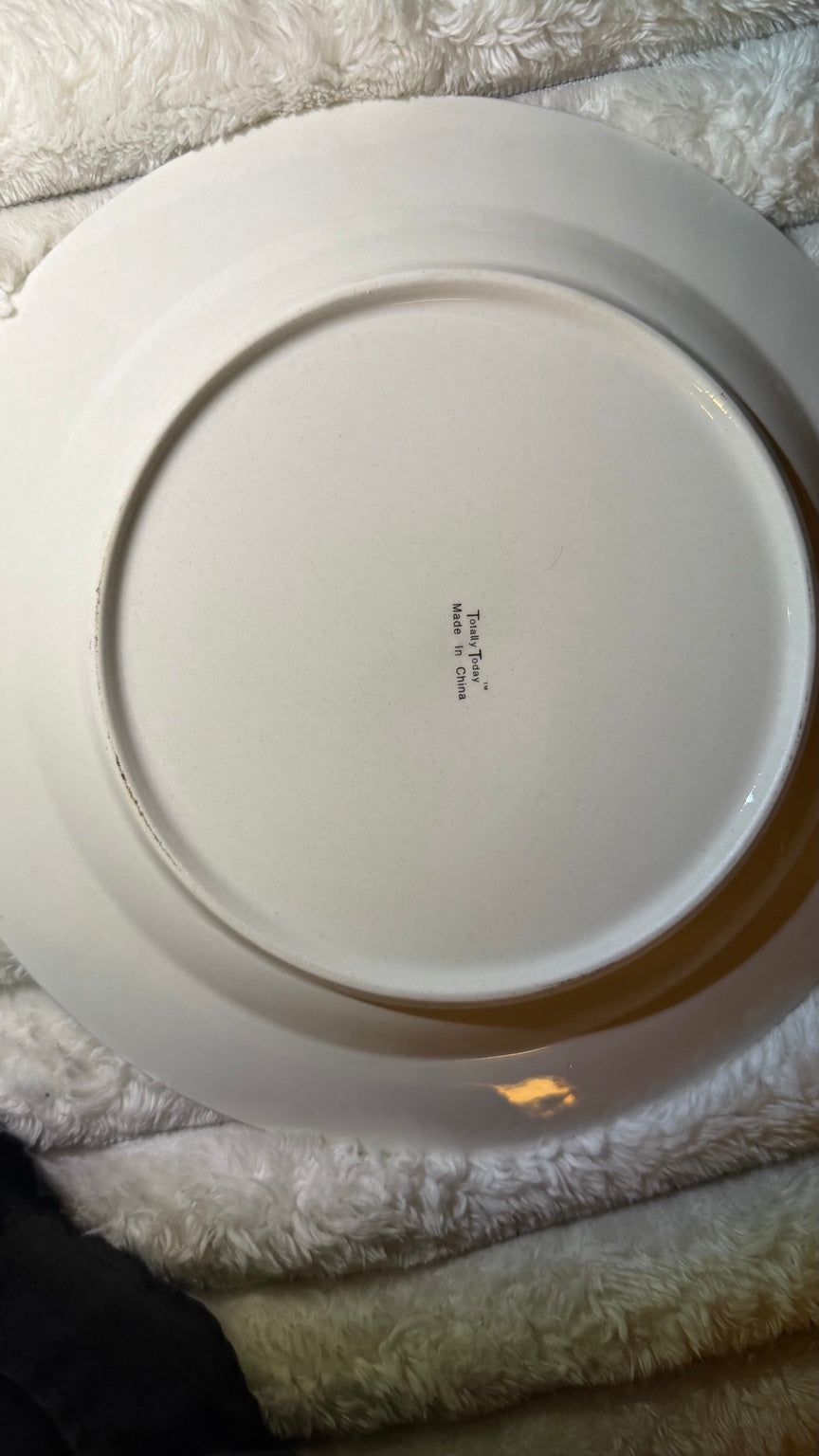 Underside of Totally Today plate showing the brand and Made in China stamp
